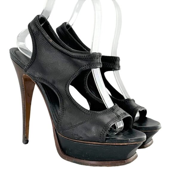 YSL Soft Black Leather Open Toe Platform Heels Size 37.5 Yves Saint Laurent - Picture 2 of 9